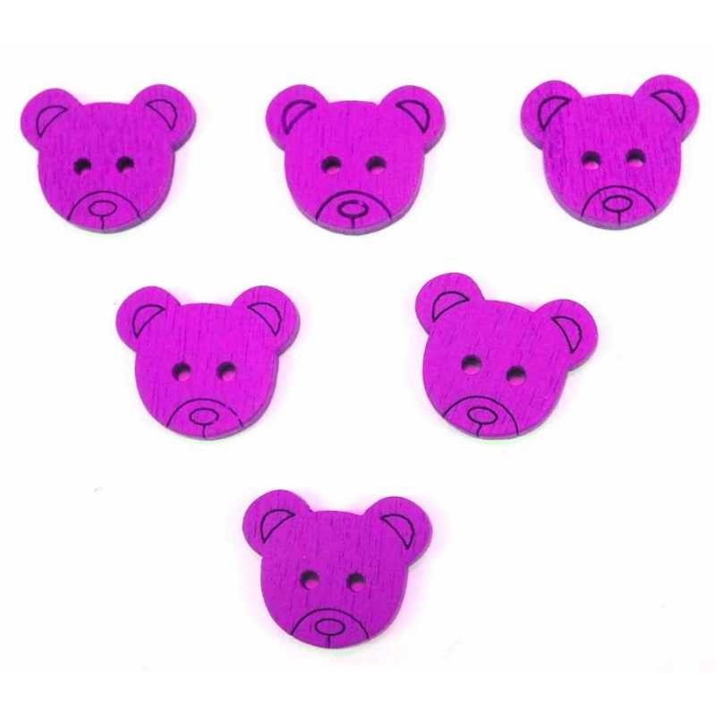  LOT 6 BOUTONS BOIS : tete ours violet 18*15mm 