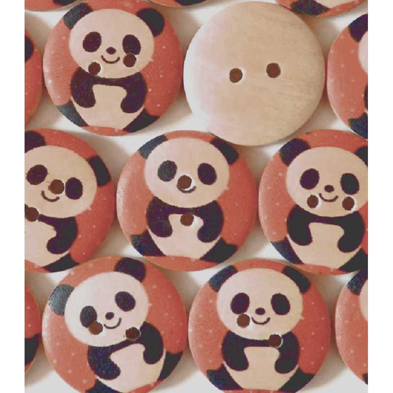 LOT 6 BOUTONS BOIS : rond orange motif panda 15mm 