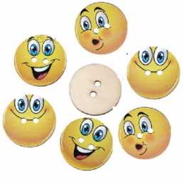 LOT 6 BOUTONS BOIS : rond motif Smiley 3 modèles 25mm 