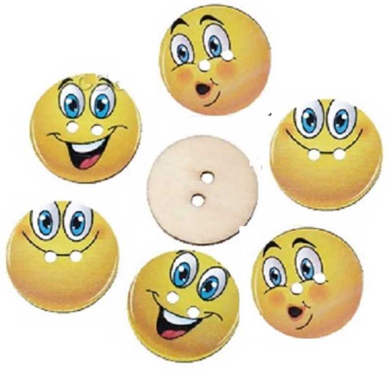 LOT 6 BOUTONS BOIS : rond motif Smiley 3 modèles 25mm 
