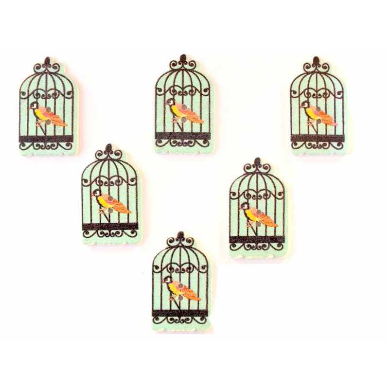 LOT 6 BOUTONS BOIS : cage oiseaux 30*18mm (01) 