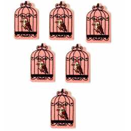 LOT 6 BOUTONS BOIS : cage oiseaux 30*18mm (04) 