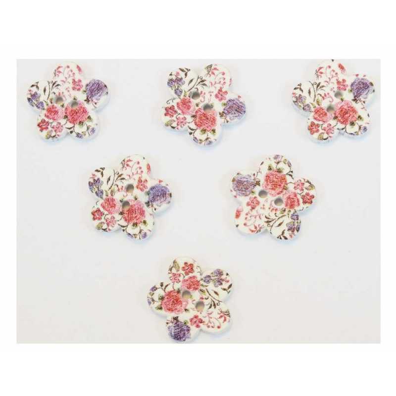 LOT 6 BOUTONS BOIS : fleur motif fleur 17mm (10) 