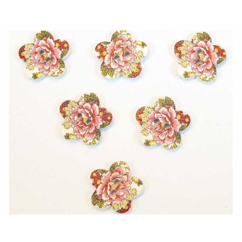 LOT 6 BOUTONS BOIS : fleur motif fleur 17mm (03) 