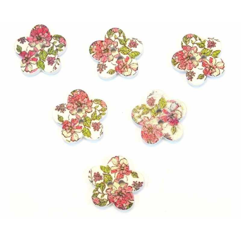 LOT 6 BOUTONS BOIS : fleur motif fleur 17mm (05) 