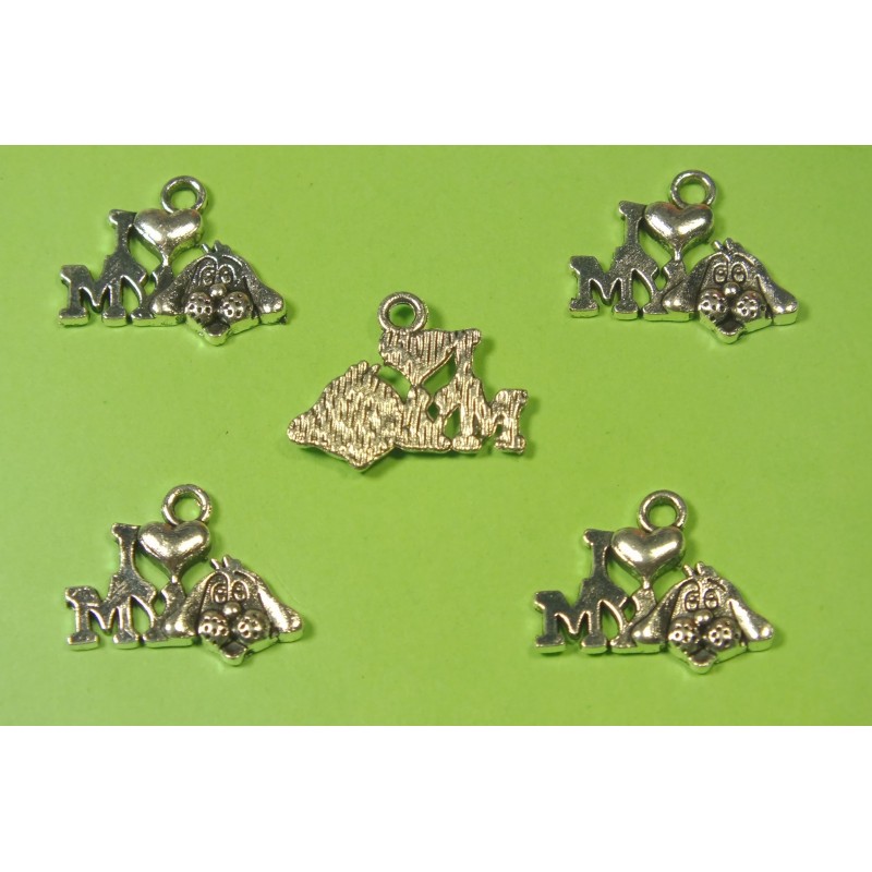 LOT  5 BRELOQUES/CHARMS METAL argenté : j aime mon chien 18 * 13 mm