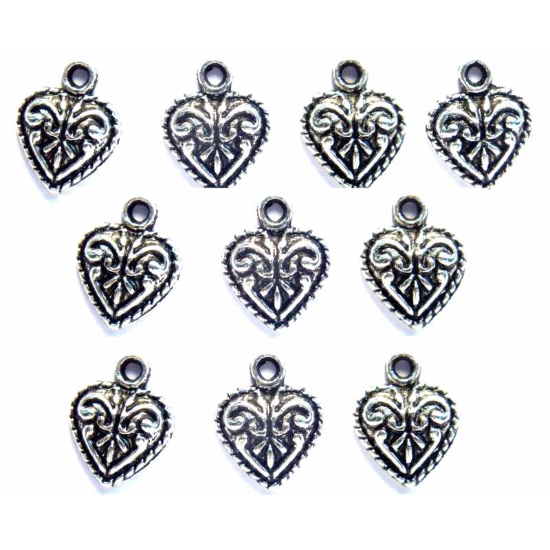 LOT 10 CHARMS/BRELOQUES  plaqué argent : coeur 11*11mm (05) 