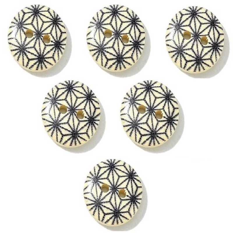 LOT 6 BOUTONS BOIS : rond motif fantaisie 15mm (40) 