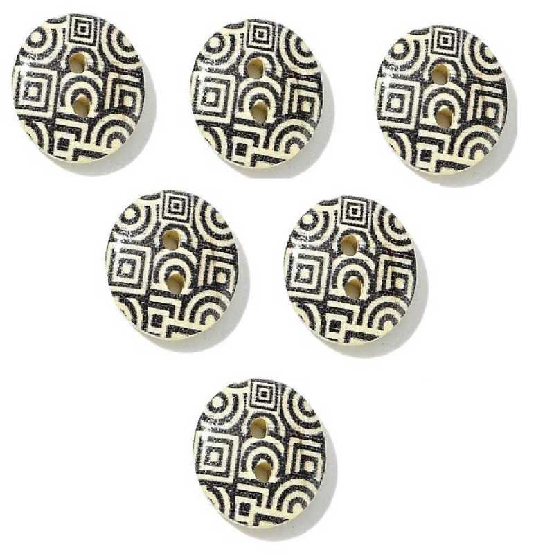 LOT 6 BOUTONS BOIS : rond motif fantaisie 15mm (38) 