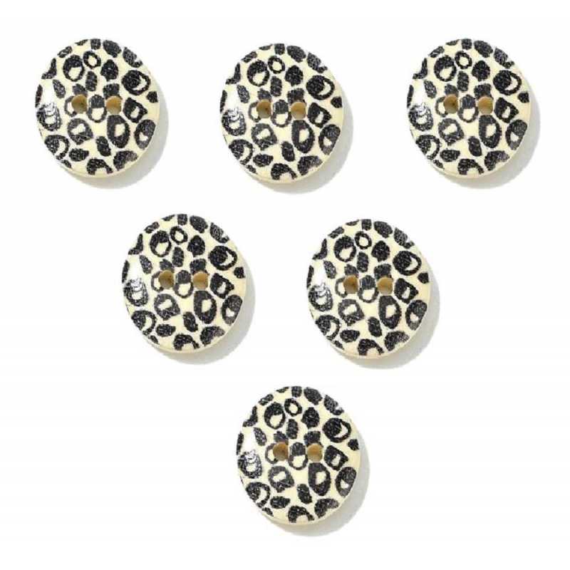 LOT 6 BOUTONS BOIS : rond motif fantaisie 15mm (32) 