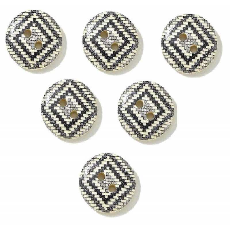 LOT 6 BOUTONS BOIS : rond motif fantaisie 15mm (34) 