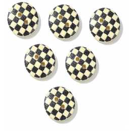 LOT 6 BOUTONS BOIS : rond motif damier noir/blanc 15mm (03) 