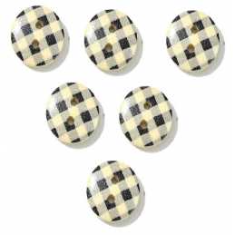 LOT 6 BOUTONS BOIS : rond motif vichy noir/écru 15mm (23) 
