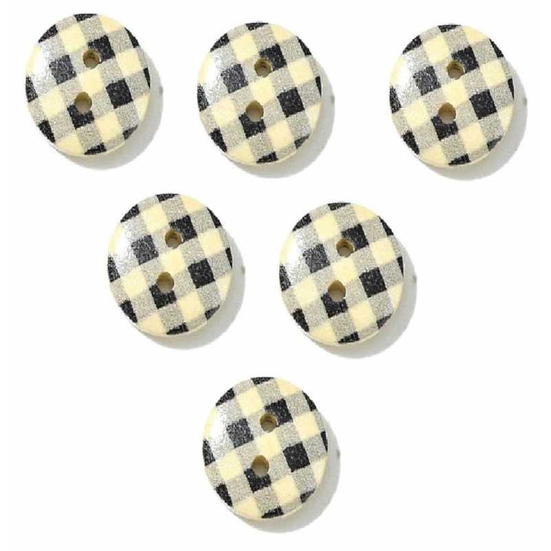 LOT 6 BOUTONS BOIS : rond motif vichy noir/écru 15mm (23) 