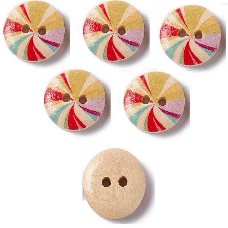 LOT 6 BOUTONS BOIS : rond motif arc en ciel 15mm (05) 
