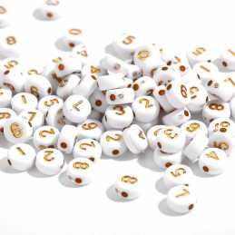PERLES ACRYLIQUES : 100 rondes blanches avec chiffres dorés 7mm 