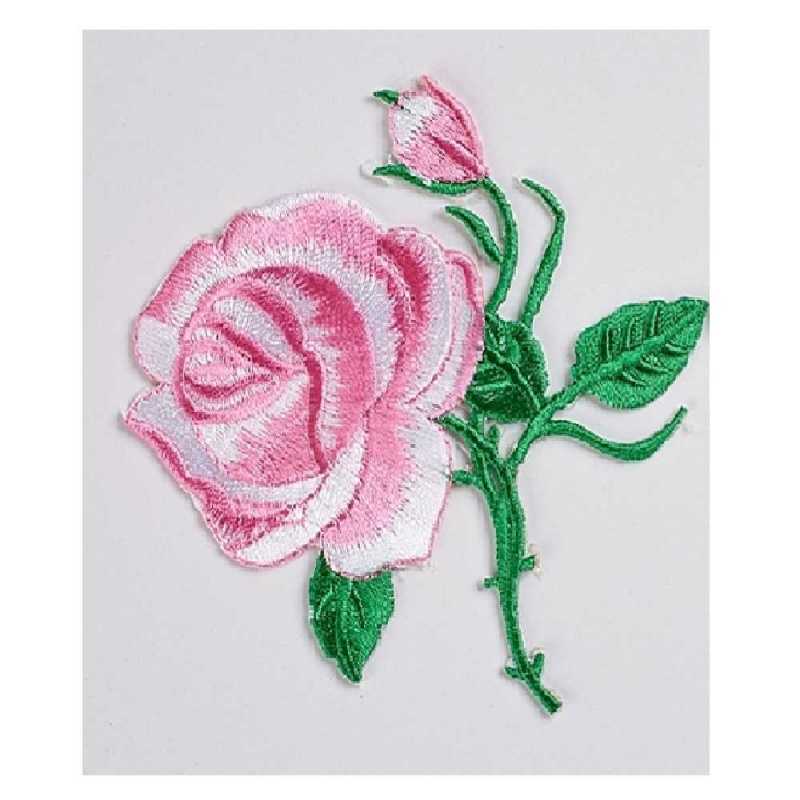 APPLIQUE TISSU THERMOCOLLANT : rose couleur rose/blanc 10*8cm (15) 