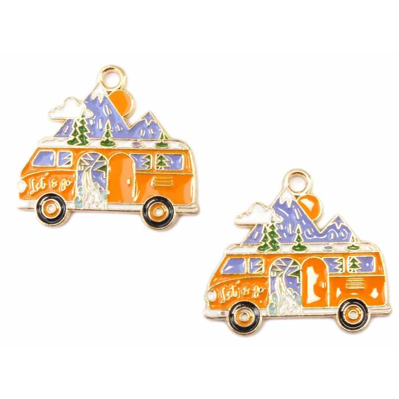 LOT 2 BRELOQUES/CHARMS METAL DORES : camping-car 30*27mm (01) 