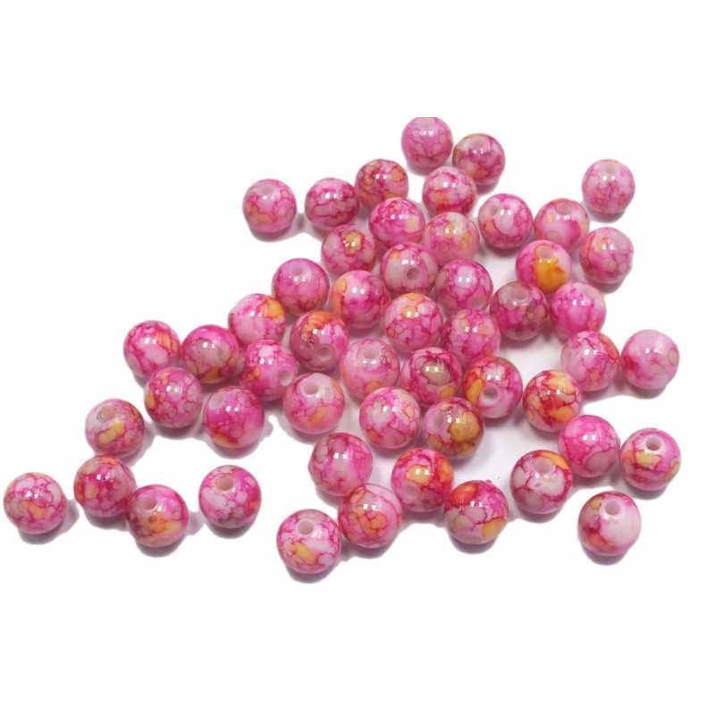 LOT 30 PERLES VERRES : ronde marbrées rose/blanc/jaune 8mm (31) 
