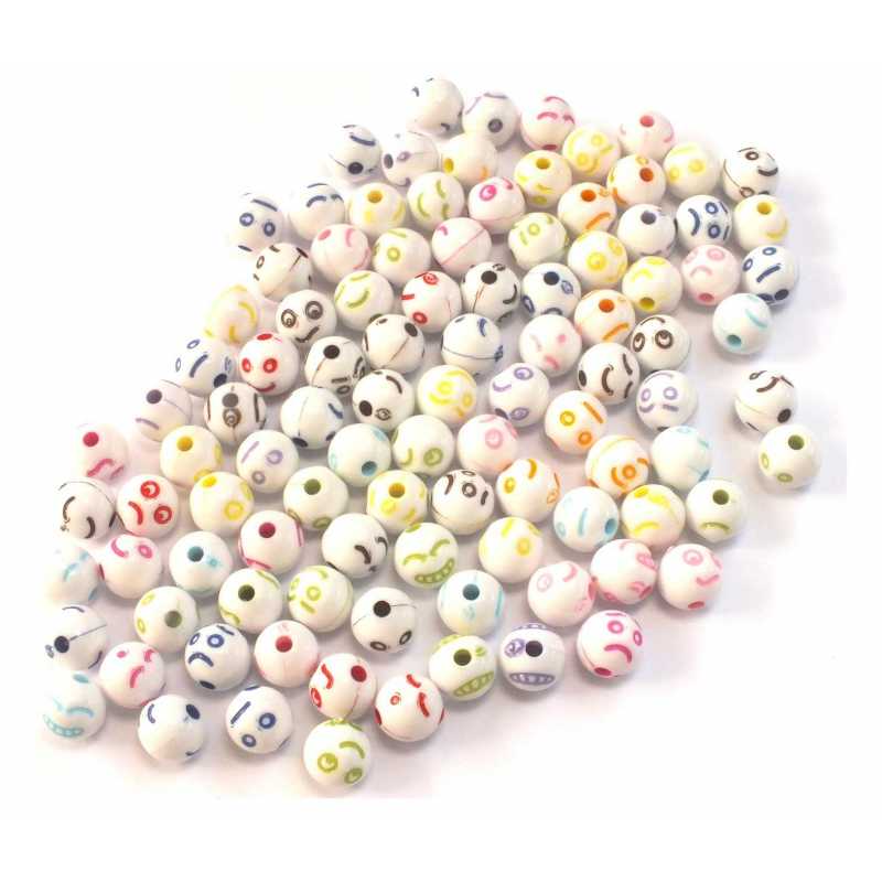 PERLES ACRYLIQUES : 20 rondes blanches avec motif visage 8mm (02) 