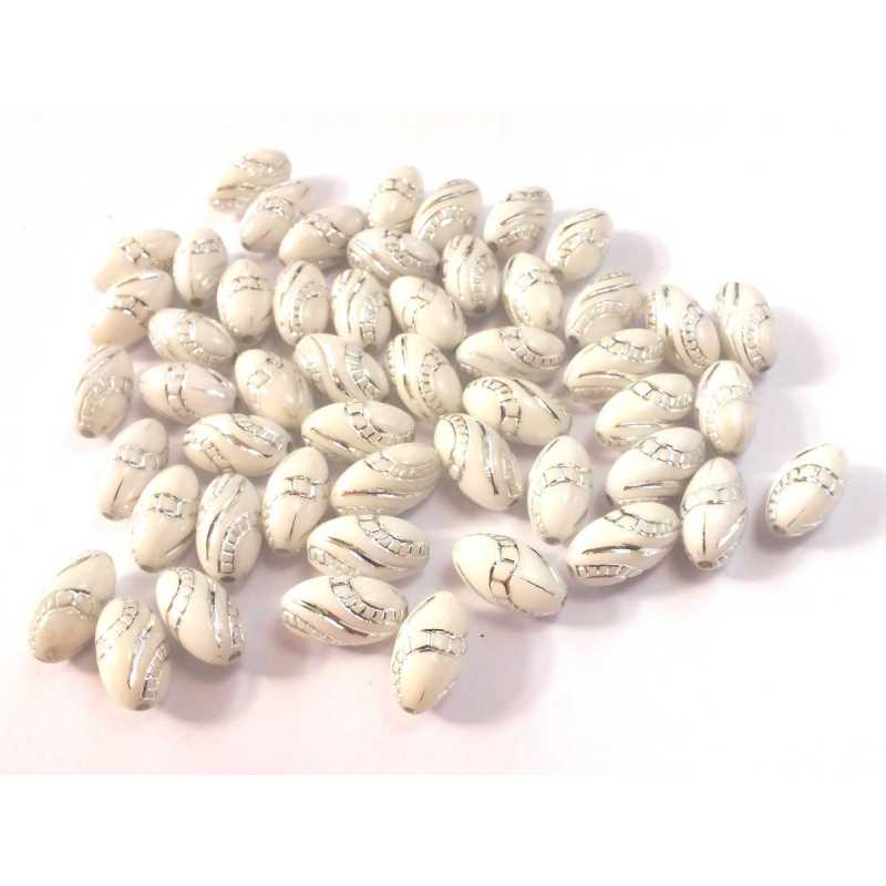 PERLES ACRYLIQUES : 25 ovales blanches/brillantes 13*7mm (01) 