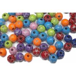 PERLES ACRYLIQUES : 25 rondes multicolores motif brillantes 10mm 