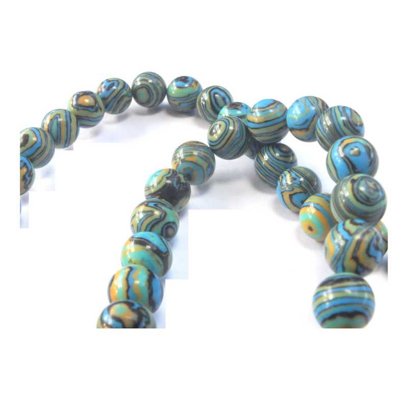 PERLES MALACHITE SYNTHETIQUE : 50 rondes rayures verte/noir 8mm 