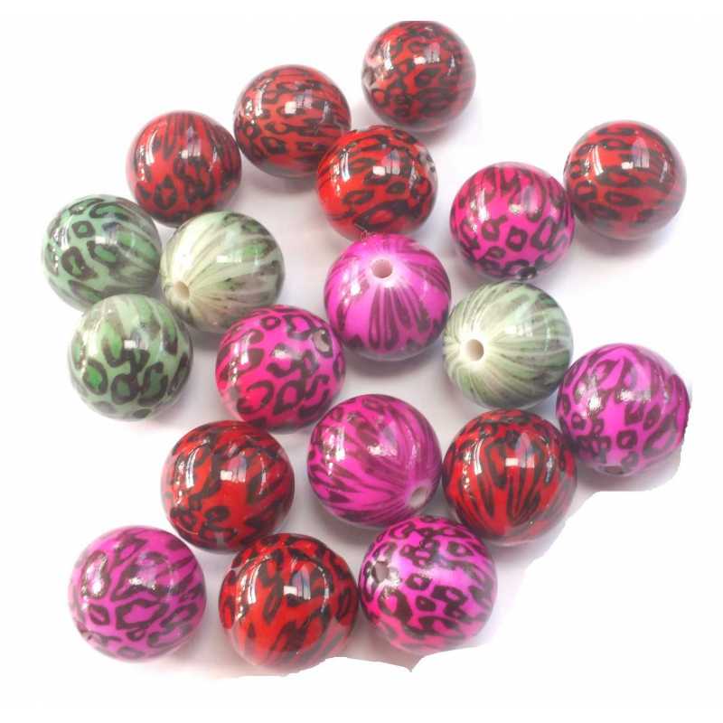 PERLES ACRYLIQUES : 20 rondes multicolores motifs noirs 18mm 