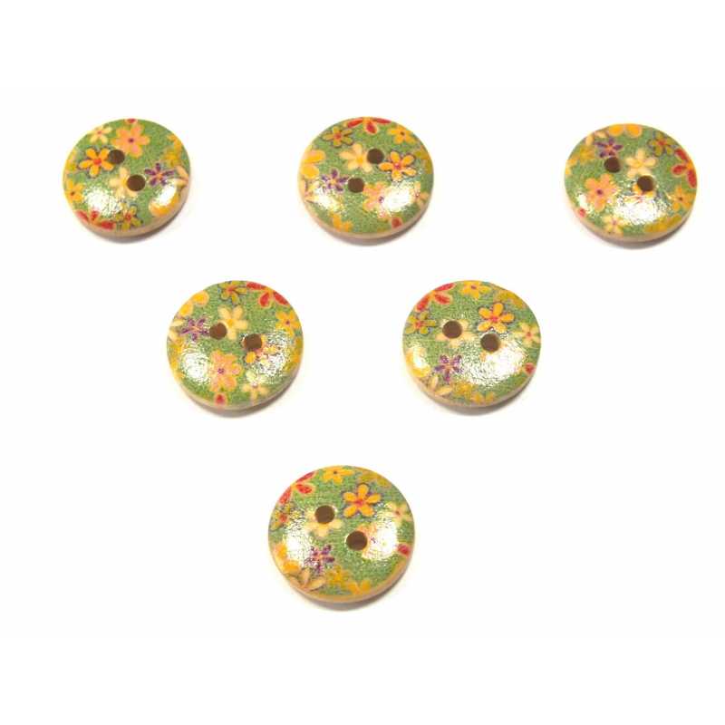 LOT 6 BOUTONS BOIS : rond motif fleur 15mm (164) 