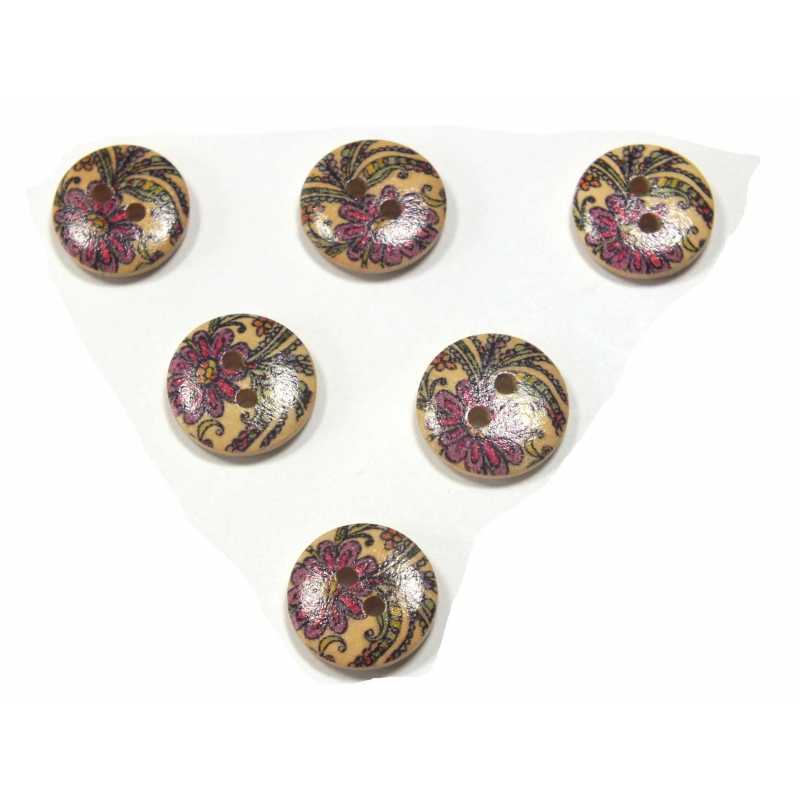 LOT 6 BOUTONS BOIS : rond motif fleur 15mm (174) 