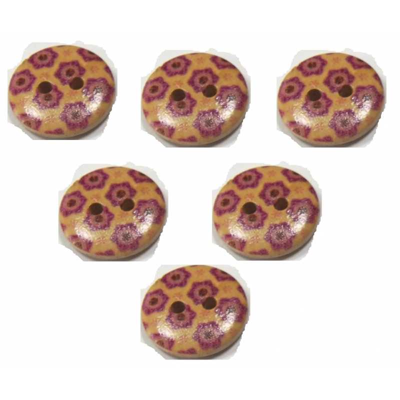 LOT 6 BOUTONS BOIS : rond motif fleur 15mm (177) 