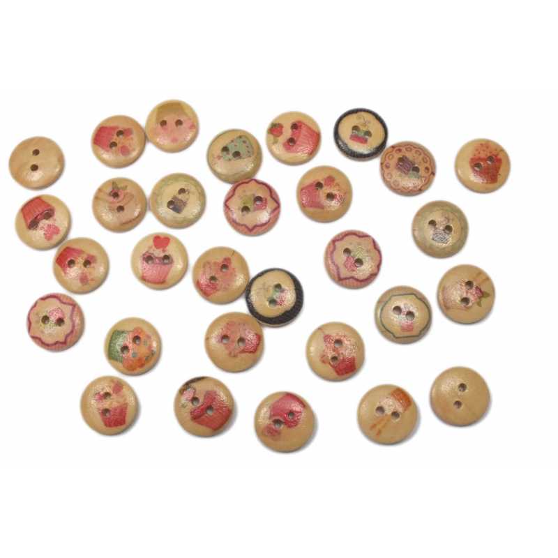 LOT 20 BOUTONS BOIS : rond thème gateaux 15mm  
