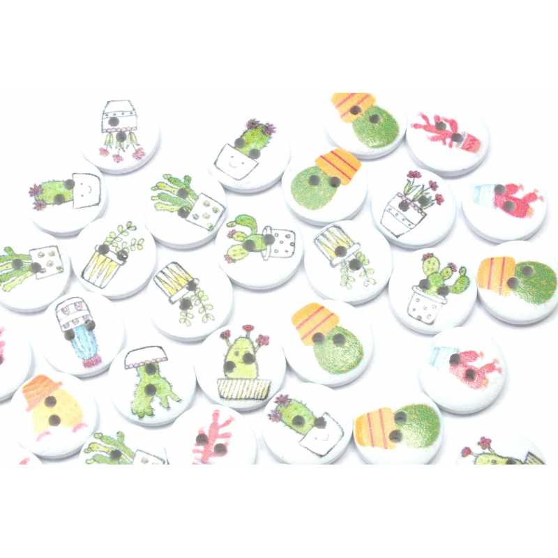 LOT 20 BOUTONS BOIS : rond thème plantes 15mm  