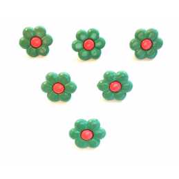 LOT 6 BOUTONS : fleur verte/rose 14mm 