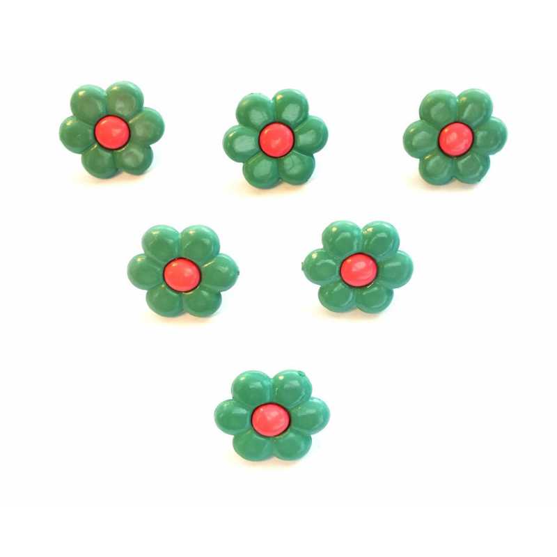 LOT 6 BOUTONS : fleur verte/rose 14mm 