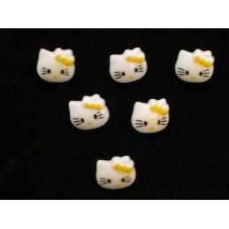 LOT 6 BOUTONS ACRYLIQUES : tête de chat blanc/jaune 13*12mm 