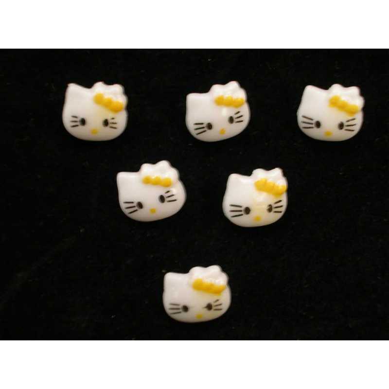 LOT 6 BOUTONS ACRYLIQUES : tête de chat blanc/jaune 13*12mm 