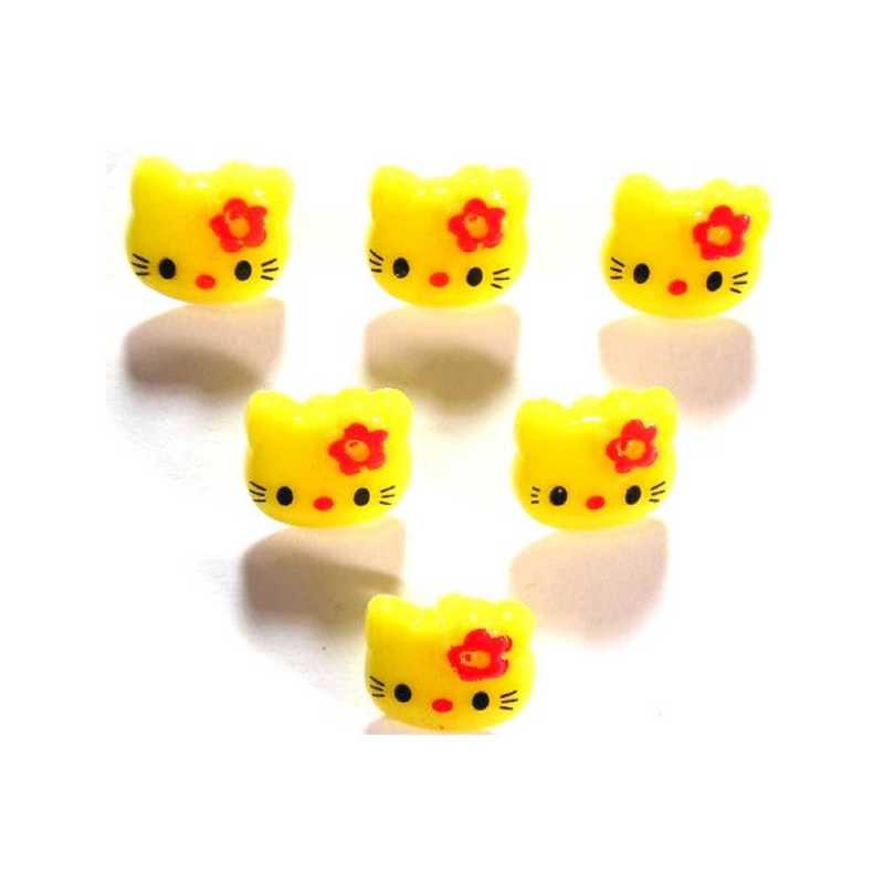 LOT 6 BOUTONS ACRYLIQUES : tête de chat jaune clair 13*12mm 