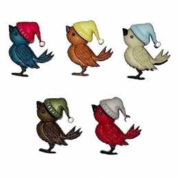LOT 5 BOUTONS ACRYLIQUES : oiseaux portant un bonnet 19*17mm  
