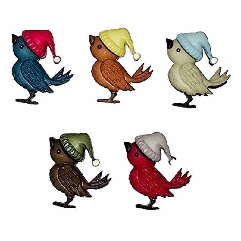 LOT 5 BOUTONS ACRYLIQUES : oiseaux portant un bonnet 19*17mm  