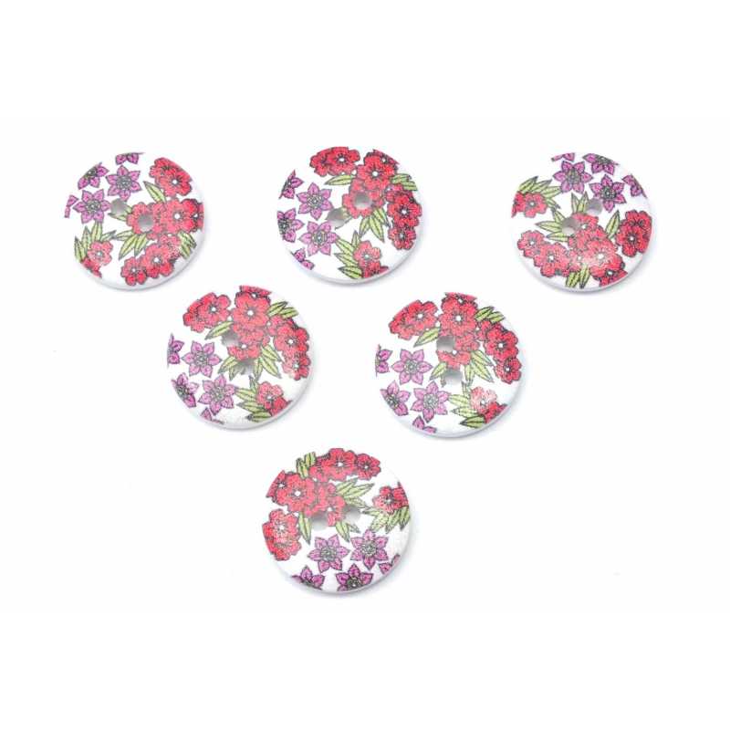 LOT 6 BOUTONS BOIS : rond motif fleur 20mm (08) 