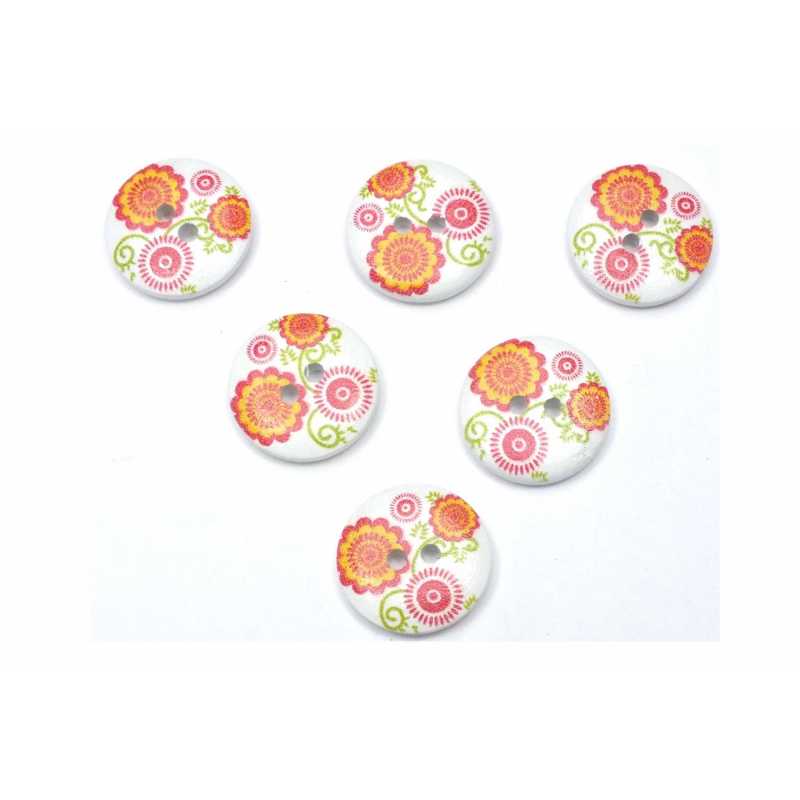 LOT 6 BOUTONS BOIS : rond motif fleur 20mm (09) 