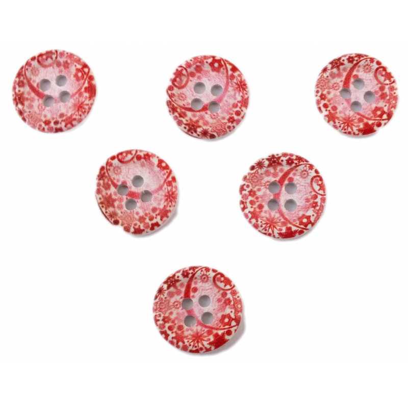 LOT 6 BOUTONS BOIS : rond motif fantaisie 15mm (48) 