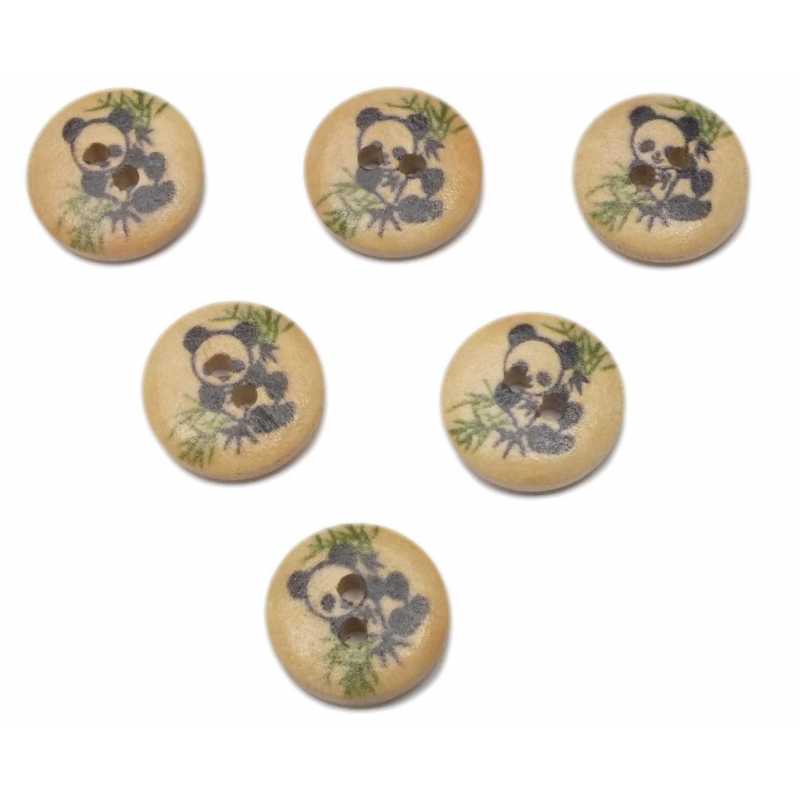 LOT 6 BOUTONS BOIS : rond motif panda 15mm (03) 