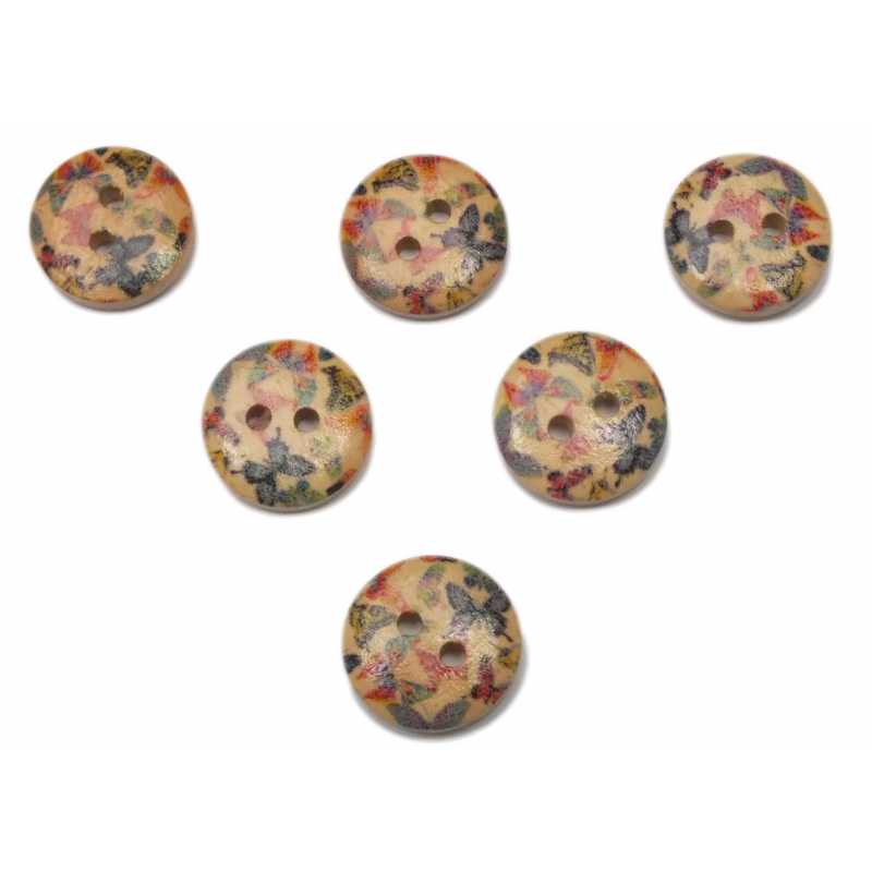 LOT 6 BOUTONS BOIS : rond motif papillon 15mm (13) 