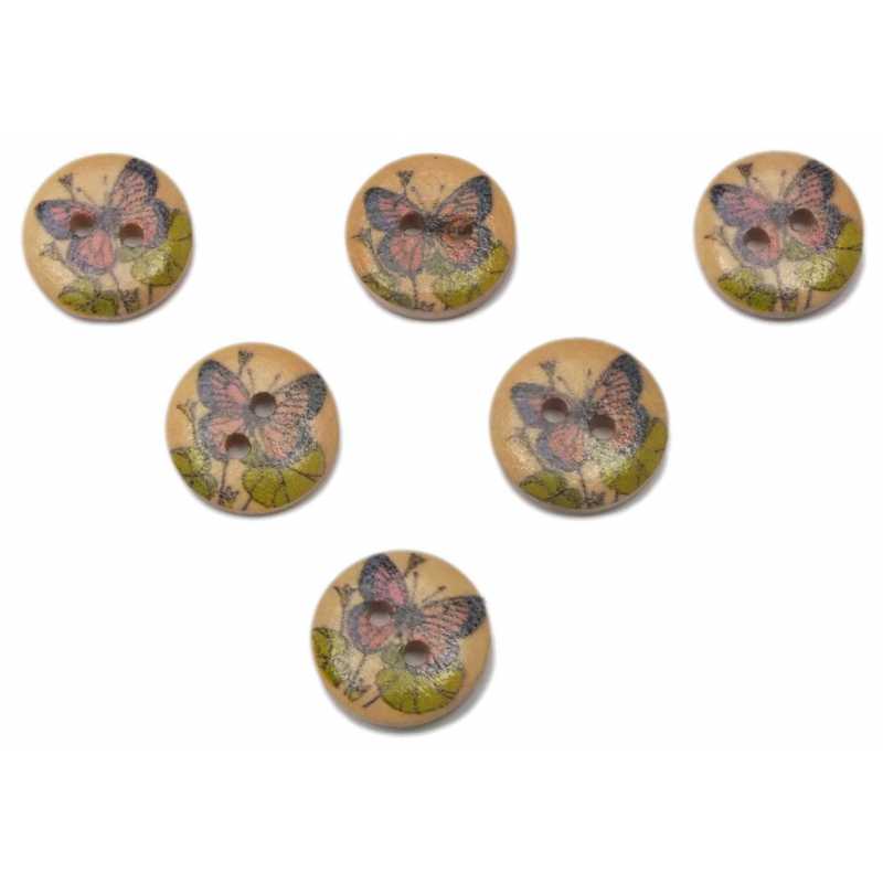 LOT 6 BOUTONS BOIS : rond motif papillon 15mm (12) 