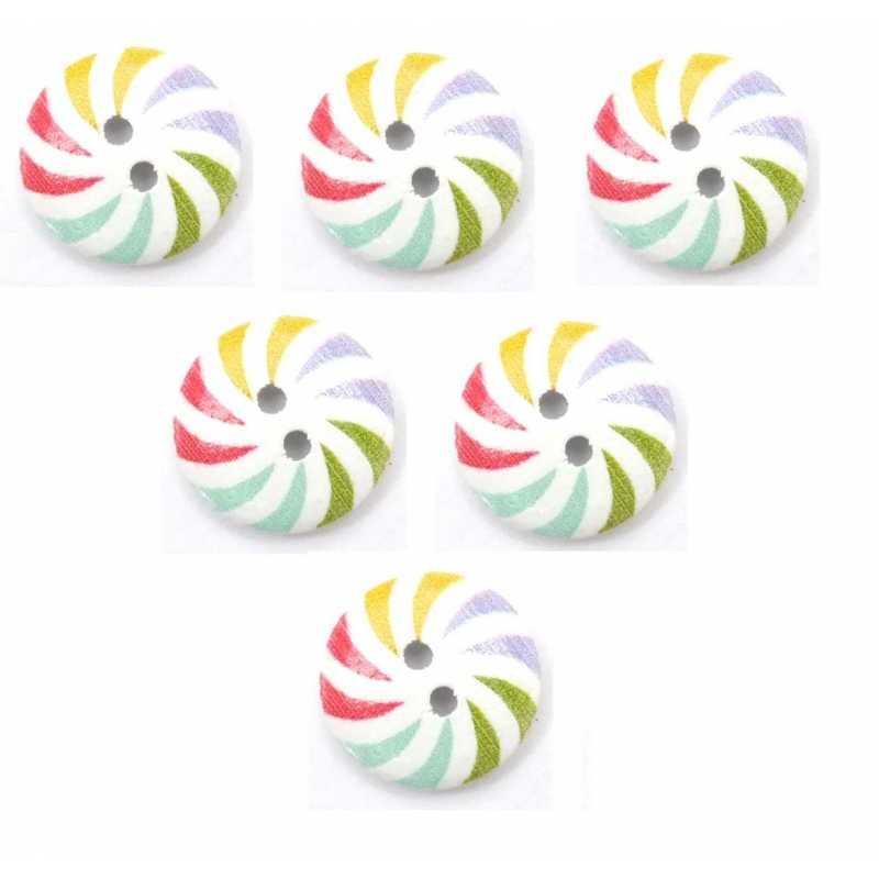 LOT 6 BOUTONS BOIS : rond motif arc en ciel 15mm (05) 