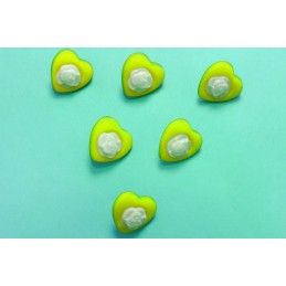 LOT 6 BOUTONS : coeur vert + rose blanche 14mm