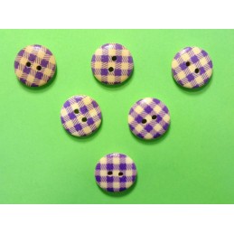 LOT 6 BOUTONS BOIS : rond motif vichy violet/blanc 15mm
