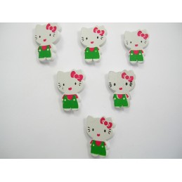  LOT 6 BOUTONS BOIS : chat blanc/vert/rouge 25mm
